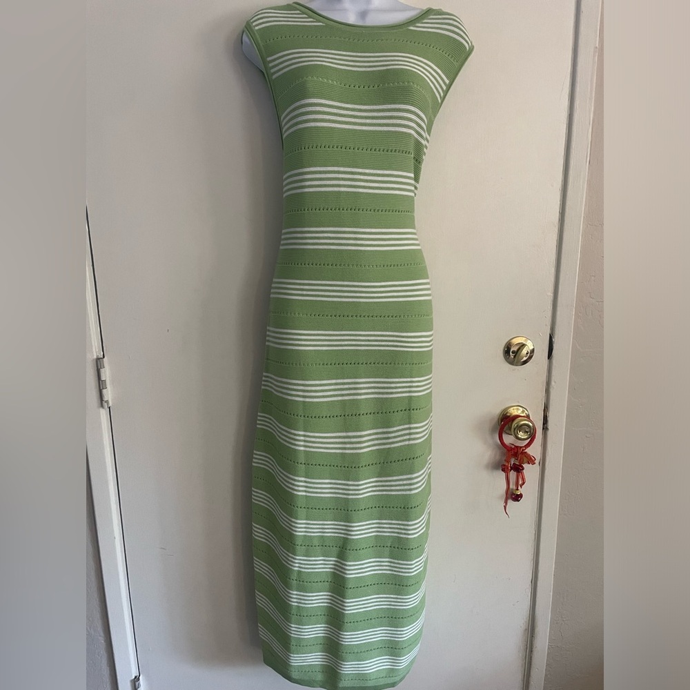 Green and White Striped Sleeveless Midi Dress